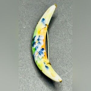 Victorian antique porcelain crescent moon hand painted brooch
